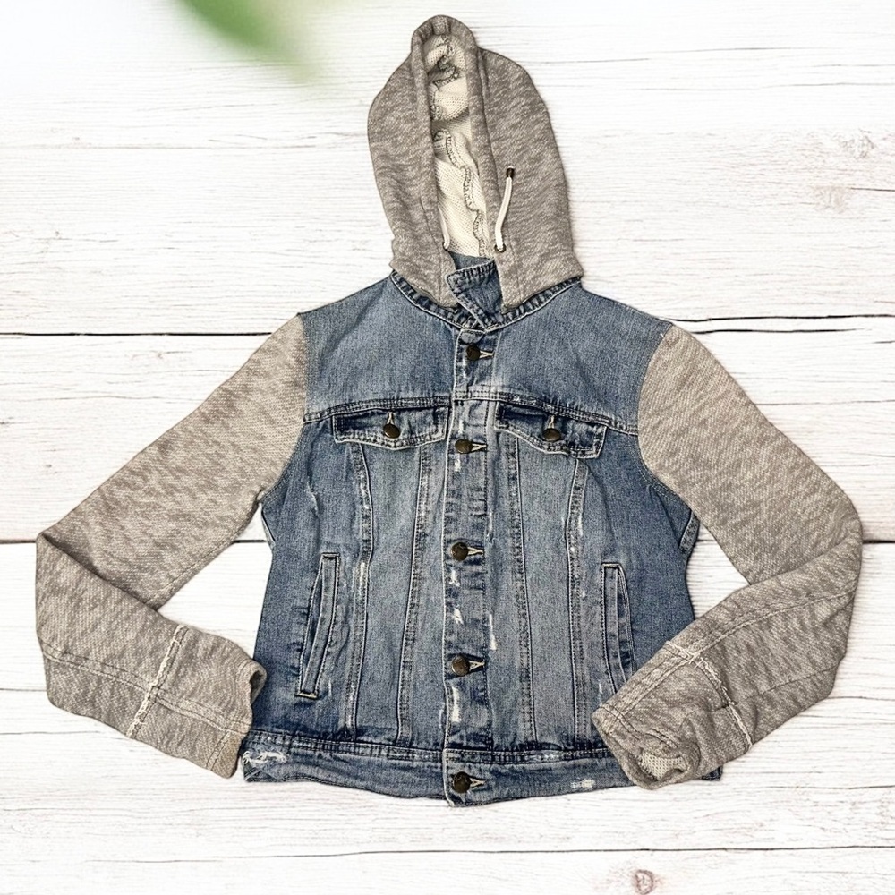 Free People Women’s Indie Wash Combo Knit Hooded 100% Cotton Denim Jacket ~ S/P - Picture 7 of 10